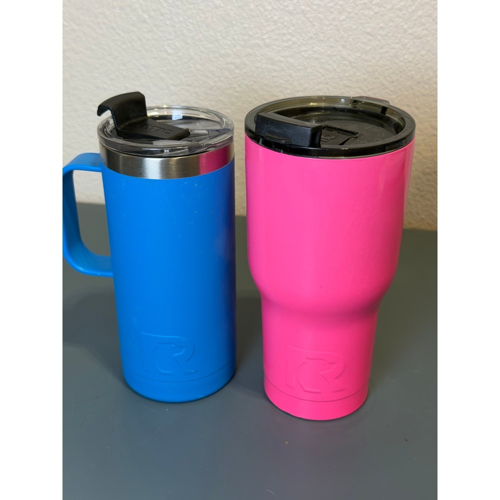 RTIC Insulated Tumbler Set 20oz Blue Mug with Handle and 30oz Neon Pink Cup